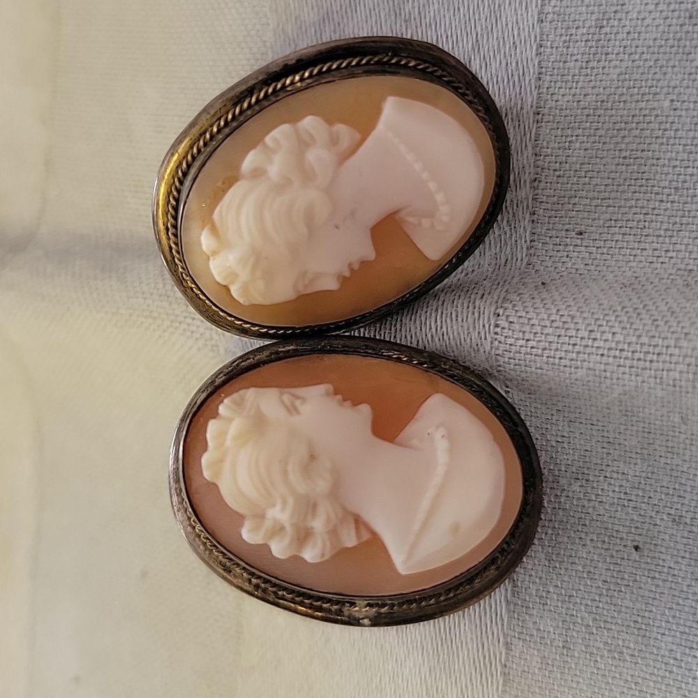 Cameo antique/vintage shell screw black earrings. Small crack to back of 1 earri
